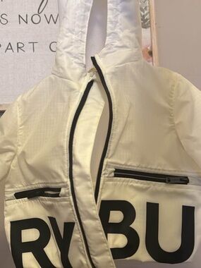 Burberry Cream White Hooded Kids Raincoat with Black Logo